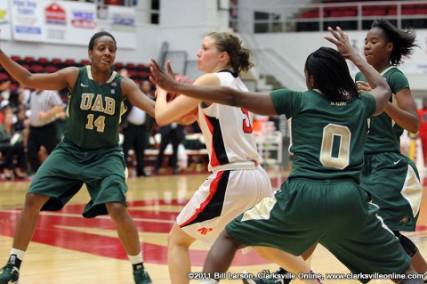 Nicole Olszewski looks to pass the ball before UAB can set the trap Saturday Night at the Dunn Center. Austin Peay Basketball. Nicole Olszewski looks to pass the ball before UAB can set the trap Saturday Night at the Dunn Center. Austin Peay Basketball.