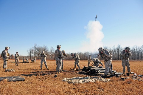 The First Strike mortar teams of 1st Battalion, 502nd Infantry Regiment, 2nd Brigade Combat Team, 101st Airborne Division (Air Assault), fire for effect during team and squad live-fire exercises in Fort Campbell’s training area, Nov. 17th. The battalion trained in the field from Nov. 1st - Dec. 14th, calling it Back to the Woods. (U.S. Army photo by Sgt. Joe Padula, 2nd BCT PAO, 101st Abn. Div.)