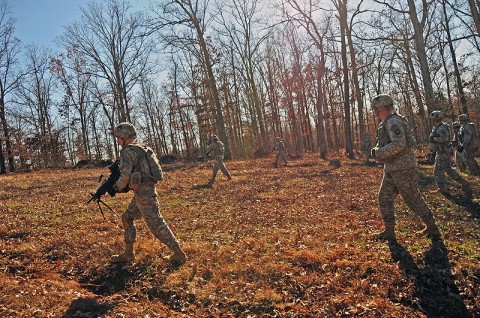 The First Strike Soldiers of Company D, 1st Battalion, 502nd Infantry Regiment, 2nd Brigade Combat Team, 101st Airborne Division (Air Assault), advance on their targets during a team live-fire exercise in Fort Campbell’s training area, Nov. 17th. The battalion went ‘Back to the Woods’ to refresh and retrain their teams and squads. (U.S. Army photo by Sgt. Joe Padula, 2nd BCT PAO, 101st Abn. Div.)