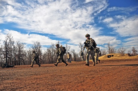 The First Strike Soldiers of Company C, 1st Battalion, 502nd Infantry Regiment, 2nd Brigade Combat Team, 101st Airborne Division (Air Assault), advance on their objective as a team during a team building exercise in Fort Campbell’s training area, Nov. 17th. The battalion went ‘Back to the Woods’ to refresh and retrain their teams and squads. (U.S. Army photo by Sgt. Joe Padula, 2nd BCT PAO, 101st Abn. Div.)