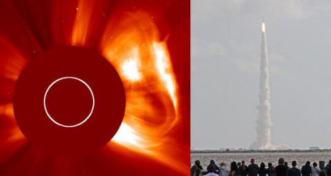 The two Mars launches of Nov. 26th, 2011. On the left, a solar explosion hurls a CME toward the Red Planet (Credit: SOHO). On the right, the Mars Science Lab or "Curiosity" lifts off from Cape Canaveral. (Credit: Howard Eskildsen of Titusville, FL) 