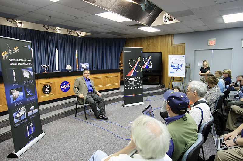 Commercial Crew Program Manager Ed Mango talks to media about Commercial Crew Development Round 2 (CCDev2) activities. (Photo credit: Jim Grossmann)