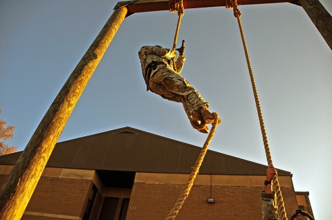 Col. Dan Walrath, commander, 2nd Brigade Combat Team, 101st Airborne Division (Air Assault), climbs Strike’s air assault ropes in full combat gear while taking the Iron Strike Combat Physical Fitness Test, Nov. 10th. The ISCPFT is designed to better prepare Strike Soldiers for future combat operations. (U.S. Army photo by Sgt. Joe Padula, 2nd BCT PAO, 101st Abn. Div.)