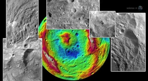 Like Earth and other terrestrial planets, Vesta has ancient basaltic lava flows on the surface and a large iron core. It also has tectonic features, troughs, ridges, cliffs, hills and a giant mountain. False colors in this montage denote topography, where the colors indicate heights ranging from -22 km to +19 km above a reference ellipsoid.