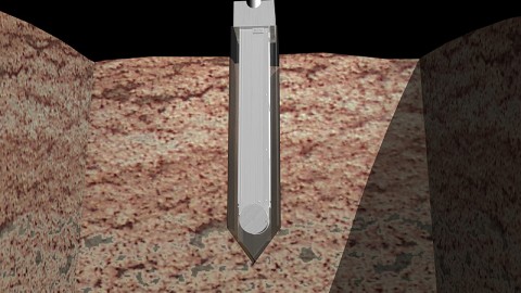 This is an artist's concept of a comet harpoon embedded in a comet. The harpoon tip has been rendered semi-transparent so the sample collection chamber inside can be seen. (Credit: NASA/Chris Meaney/Walt Feimer)