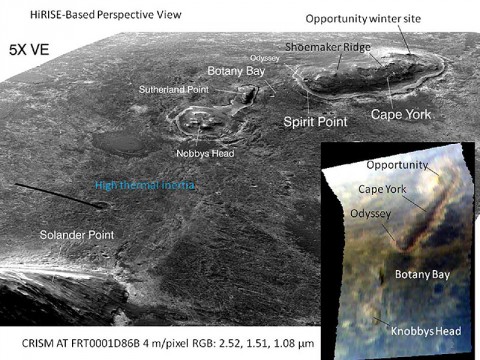 This graphic combines a perspective view of the "Botany Bay" and "Cape York" areas of the rim of Endeavour Crater on Mars, and an inset with mapping-spectrometer data. Image Credit: )NASA/JPL-Caltech/UA/JHUAPL)