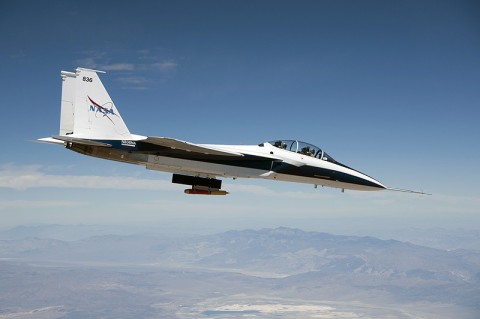 NASA Dryden’s F-15B research testbed aircraft flew the CCIE experimental jet engine inlet to speeds up to Mach 1.74, or about 1.7 times the speed of sound. (NASA / Jim Ross) 