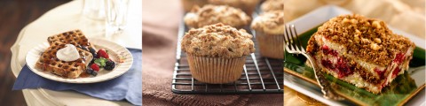 Blueberry Oatmeal Waffles. Chocolate Chip Cinnamon Streusel Muffins, and Cranberry Orange Streusel Coffee Cake.