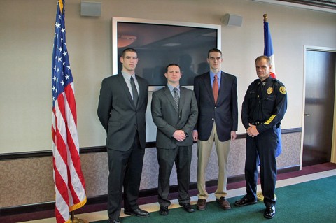 (L-R) Adam Post, Jordan Parnell, Justin Steward, and Clarksville Police Chief Al Ansley. (Photo by CPD-Jim Knoll) (L-R) Adam Post, Jordan Parnell, Justin Steward, and Clarksville Police Chief Al Ansley. (Photo by CPD-Jim Knoll)