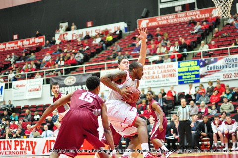 Austin Peay's John Fraley taking it to the hoop againest Eastern Kentucky Thursday night. Fraley had a career-high 25 points and 12 rebounds for Austin Peay Basketball.