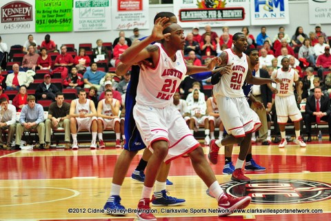 John Fraley posts up under the goal Monday night as the Austin Peay Governors defeat Tennessee State 69-63. Austin Peay Men's Basketball.