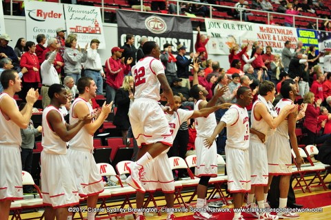 Austin Peay Governors Basketball celebrate their win over the Tennessee State Tigers Monday Night.