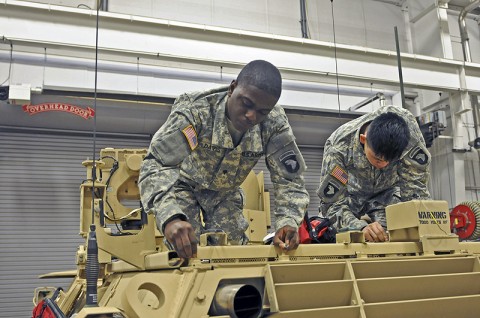 Spc. O'Neil Davis, a light-wheeled mechanic with Company B, 426th Brigade Support Battalion, 1st Brigade Combat Team, 101st Airborne Division, and Pfc. Daniel Obmalay, a light-wheeled mechanic with Troop D, 1st Squadron, 32nd Cavalry Regiment, work together to take apart the M1200 during a class here Jan. 10th at the brigade motor pool. (Photo by Sgt. Richard Daniels Jr.)