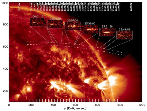 Comet C/2011 N3 fragments as it passes through the sun's atmosphere on July 6th, 2011. (Credit: Solar Dynamics Observatory/K. Schrijver et al)