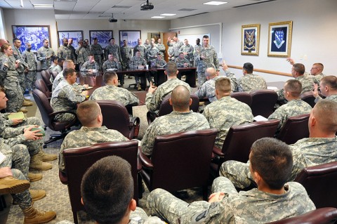 Col. Valery C. Keaveny Jr., commander of 4th Brigade Combat Team, 101st Airborne Division, addresses his soldiers. (Photo by Staff Sgt. Matthew Graham)