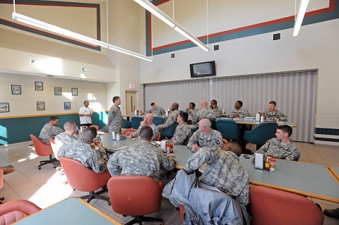 Soldiers from 4th Brigade Combat Team, 101st Airborne Division, attend a 4th BCT Dining Facility council meeting, Jan. 19th, 2012 at Fort Campbell, KY. The soldiers in attendance were welcomed to share their opinions about changes occurring in the DFAC, to include the new breakfast to-go area or changes that they would like to see made, with the panel which consisted of DFAC leadership. (Photo by Sgt. Kimberly Menzies)