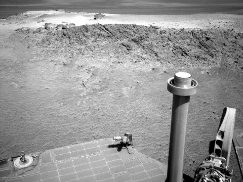 Approaching 'Greeley Haven' on Endeavour Rim: NASA's Mars Exploration Rover Opportunity used its navigation camera to capture this view of a northward-facing outcrop, "Greeley Haven," where the rover will work during its fifth Martian winter. (Image credit: NASA/JPL-Caltech) Approaching 'Greeley Haven' on Endeavour Rim: NASA's Mars Exploration Rover Opportunity used its navigation camera to capture this view of a northward-facing outcrop, "Greeley Haven," where the rover will work during its fifth Martian winter. (Image credit: NASA/JPL-Caltech)
