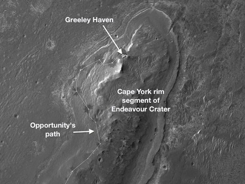 Locator Map for 'Greeley Haven' on Endeavour Rim: NASA's Mars Exploration Rover Opportunity will spend its fifth Martian winter working at a location informally named "Greeley Haven." (Image credit: NASA/JPL-Caltech/UA)