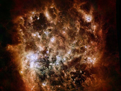 This new image shows the Large Magellanic Cloud galaxy in infrared light as seen by the Herschel Space Observatory, a European Space Agency-led mission with important NASA contributions, and NASA's Spitzer Space Telescope. (Image credit: ESA/NASA/JPL-Caltech/STScI)