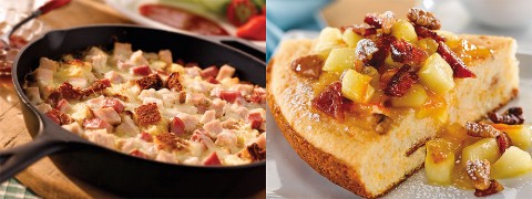 (L to R) Monte Cristo Cornbread Skillet and Caramelized Maple Apple Bacon Brunch Bake.