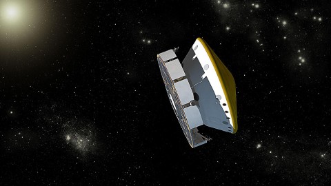 This is an artist's concept of NASA's Mars Science Laboratory spacecraft during its cruise phase between launch and final approach to Mars. The spacecraft includes a disc-shaped cruise stage (on the left) attached to the aeroshell. The spacecraft's rover (Curiosity) and descent stage are tucked inside the aeroshell. (Image credit: NASA/JPL-Caltech) This is an artist's concept of NASA's Mars Science Laboratory spacecraft during its cruise phase between launch and final approach to Mars. The spacecraft includes a disc-shaped cruise stage (on the left) attached to the aeroshell. The spacecraft's rover (Curiosity) and descent stage are tucked inside the aeroshell. (Image credit: NASA/JPL-Caltech)