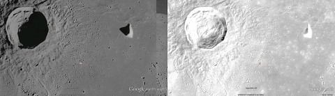 Left: A normal one-camera image of the lunar surface. Right: A composite Apollo Zone image showing the best details from multiple photographs. (Credit: NASA/Google Earth) Left: A normal one-camera image of the lunar surface. Right: A composite Apollo Zone image showing the best details from multiple photographs. (Credit: NASA/Google Earth)