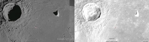 Left: A normal one-camera image of the lunar surface. Right: A composite Apollo Zone image showing the best details from multiple photographs. (Credit: NASA/Google Earth)