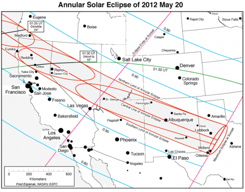 The path of annularity cuts across the continental United States at sunset on May 20th, 2012.