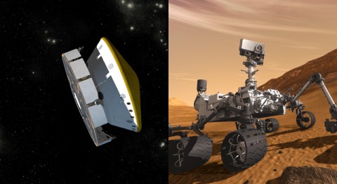Artist's concept illustrations show (left) the Mars Science Laboratory spacecraft during its voyage from Earth to Mars and (right) the mission's rover, Curiosity, working on Mars after landing. (Image Credit: NASA/JPL-Caltech) Artist's concept illustrations show (left) the Mars Science Laboratory spacecraft during its voyage from Earth to Mars and (right) the mission's rover, Curiosity, working on Mars after landing. (Image Credit: NASA/JPL-Caltech)