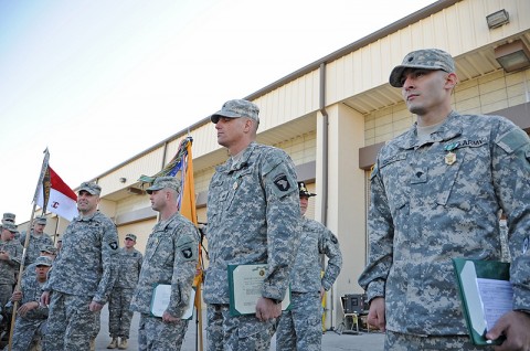 Soldiers from Troop C, 1st Squadron, 61st Cavalry Regiment, 4th Brigade Combat Team, 101st Airborne Division, were awarded Army Commendation Medals for Valor, during a ceremony, Jan. 23rd, 2012, at Fort Campbell, KY. U.S. Army Col. Valery C. Keaveny, Jr., the commander of the 4th BCT, 101st ABN DIV, praises U.S. Army Staff Sgt. William D. Stuckey, a squad leader, Sgt. Shuan O. Chandler, a team leader, and Spc. Michael A. Garcia, for their actions and courage while under direct enemy fire. (Photo by Sgt. Kimberly Menzies)