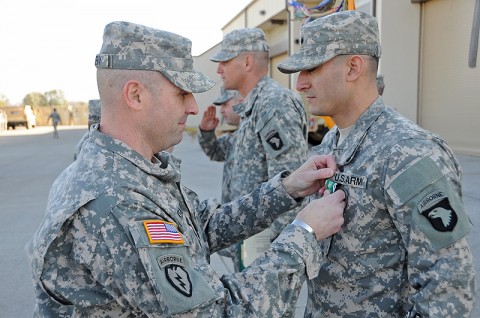 U.S. Army Spc. Michael A. Garcia, a platoon medic and native of Sullivan City, Texas, from Troop C, 1st Squadron, 61st Cavalry Regiment, 4th Brigade Combat Team, 101st Airborne Division, was awarded the Army Commendation Medal for Valor by U.S. Army Col. Valery C. Keaveny, Jr., the commander of the 4th BCT, 101st ABN DIV during a ceremony, Jan. 23rd, 2012, at Fort Campbell, KY. (Photo by Sgt. Kimberly Menzies)