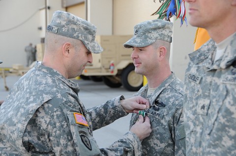 U.S. Army Staff Sgt. William D. Stuckey, a squad leader and native of New Holland, Ohio, from Troop C, 1st Squadron, 61st Cavalry Regiment, 4th Brigade Combat Team, 101st Airborne Division, was awarded the Army Commendation Medal for Valor by U.S. Army Col. Valery C. Keaveny, Jr., the commander of the 4th BCT, 101st ABN DIV during a ceremony, Jan. 23rd, 2012, at Fort Campbell, KY. (Photo by Sgt. Kimberly Menzies)