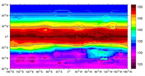 As this global map of average surface temperature shows, the warmer equatorial zone of the giant asteroid Vesta is likely too warm to sustain water ice below the surface. But roughly half of Vesta is so cold and receives so little sunlight on average that water ice could have survived there for billions of years. (Image credit: NASA/GSFC/UMBC)