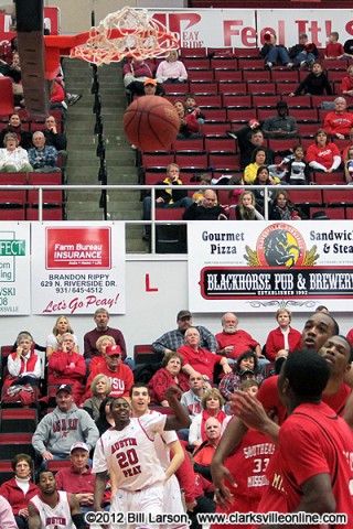 Melvin Baker hits a corner 3-pointer that gave the Austin Peay Governors a 57-52 lead with 2:33 to play. Baker finished the game with 22 points. Austin Peay Men's Basketball.