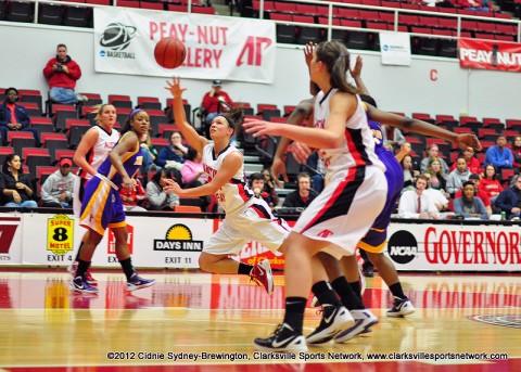 Shelby Olszewski, goes for the shot despite the foul. The APSU Lady Govs lost a heartbreaker to Tennessee Tech 68-65. Lady Govs have now lost 8 in a row. Austin Peay Women's Basketball.