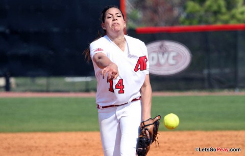 Sophomore Lauren deCastro throws three hitter against Jackson State in 11-0 win. Austin Peay Women's Softball. (Courtesy: Austin Peay Sports Information)