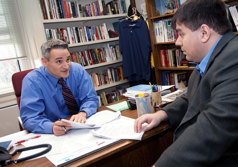 APSU associate professor of history Dr. Christos Frentzos and APSU assistant professor of history Dr. Antonio Thompson discuss the new, two-volume history textbook they are developing. (Photo by Beth Liggett/APSU)