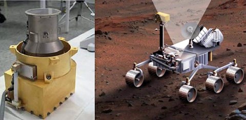 Photo of RAD flight model in the lab (left) and artwork of an older MSL rover design, showing RAD charged particle channel 65-degree field-of-view pointing towards the zenith.