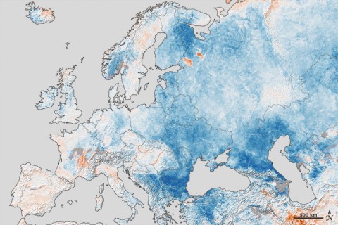 This map shows temperature anomalies for Europe and western Russia from January 25th to February 1st, 2012, compared to temperatures for the same dates from 2001 to 2011. The anomalies are based on land surface temperatures observed by the MODIS instrument on NASA’s Terra satellite. This map shows temperature anomalies for Europe and western Russia from January 25th to February 1st, 2012, compared to temperatures for the same dates from 2001 to 2011. The anomalies are based on land surface temperatures observed by the MODIS instrument on NASA’s Terra satellite.