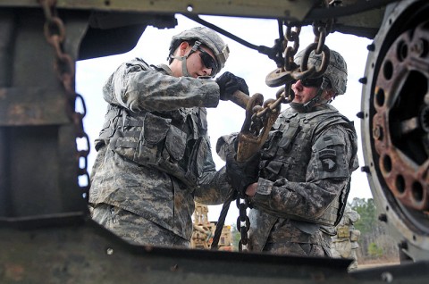 Soldiers of Company B, 426th Brigade Support Battalion, 1st Brigade Combat Team, 101st Airborne Division, work together to place their rigging system back in its place during wrecker training here at the ranges Jan. 31st. (Photo by Sgt. Richard Daniels Jr.)