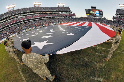 Fort Campbell Soldiers tend to the National colors during the Tennessee Titans vs. Cincinnati Bengals game at LP field in Nashville, TN on Sunday, November 6th, 2011. (Photos/Donn Jones Photography in Nashville, Tennessee.)