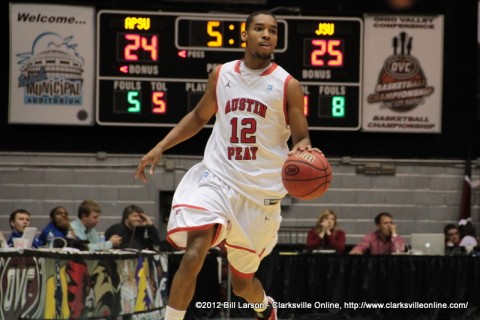 APSU Senior TyShawn Edmondson drives up the court in the OVC Tournament first round game vs Jacksonville State. Edmonson lead all scorers with a total of 22 points.