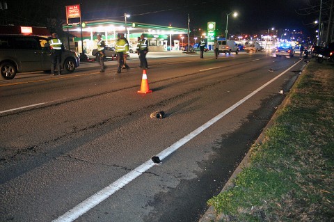 Pedestrian walks out in front of and is struck by a Nissan Frontier truck on riverside drive Tuesday night. (Photo by CPD-Officer Bill VanBeber)