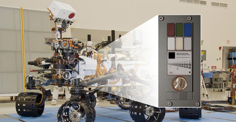 NASA's Mars rover Curiosity with an inset showing calibration targets to be used by a camera at the end of the robotic arm. (Image credit: NASA/JPL-Caltech) NASA's Mars rover Curiosity with an inset showing calibration targets to be used by a camera at the end of the robotic arm. (Image credit: NASA/JPL-Caltech)