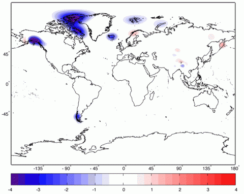 Changes in ice thickness (in centimeters per year) during 2003-2010 as measured by NASA's Gravity Recovery and Climate Experiment (GRACE) satellites, averaged over each of the world's ice caps and glacier systems outside of Greenland and Antarctica. (Image credit: NASA/JPL-Caltech/University of Colorado) Changes in ice thickness (in centimeters per year) during 2003-2010 as measured by NASA's Gravity Recovery and Climate Experiment (GRACE) satellites, averaged over each of the world's ice caps and glacier systems outside of Greenland and Antarctica. (Image credit: NASA/JPL-Caltech/University of Colorado)