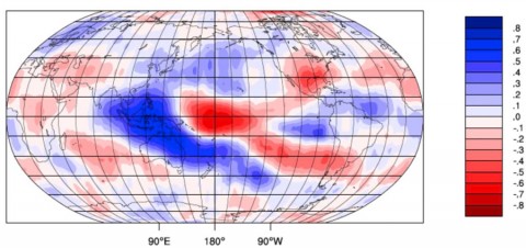 Patterns that relate changes in cloud-top height with El Niño/ La Niña indicators. (Image credit: University of Auckland/NASA JPL-Caltech)