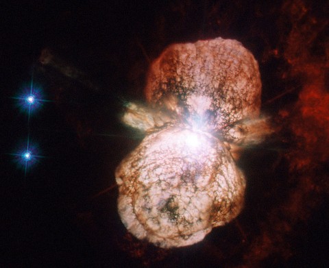 NASA's Hubble Telescope captured this image of Eta Carinae which consists of ultraviolet and visible light images from the High Resolution Channel of Hubble's Advanced Camera for Surveys. NASA's Hubble Telescope captured this image of Eta Carinae which consists of ultraviolet and visible light images from the High Resolution Channel of Hubble's Advanced Camera for Surveys.