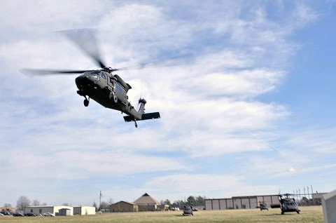 Soldiers of the 3rd Platoon, Company A, 1st Squadron, 32nd Cavalry Regiment, 1st Brigade Combat Team, 101st Airborne Division, take off to air assault their next objective, here, Feb. 22nd. This is their first air assault as a platoon since they returned from Afghanistan in 2011. (Photo by Sgt. Richard Daniels Jr.)