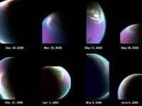 This series of false-color images obtained by NASA’s Cassini spacecraft shows the dissolving cloud cover over the north pole of Saturn’s moon Titan. (Image credit: NASA/JPL-Caltech/University of Arizona/CNRS/LPGNantes)