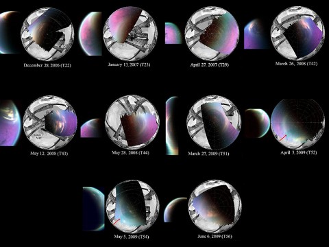 This series of images obtained by NASA's Cassini spacecraft shows several views of the north polar cloud covering Saturn's moon Titan. (Image credit: NASA/JPL-Caltech/University of Arizona/CNRS/LPGNantes/SSI)